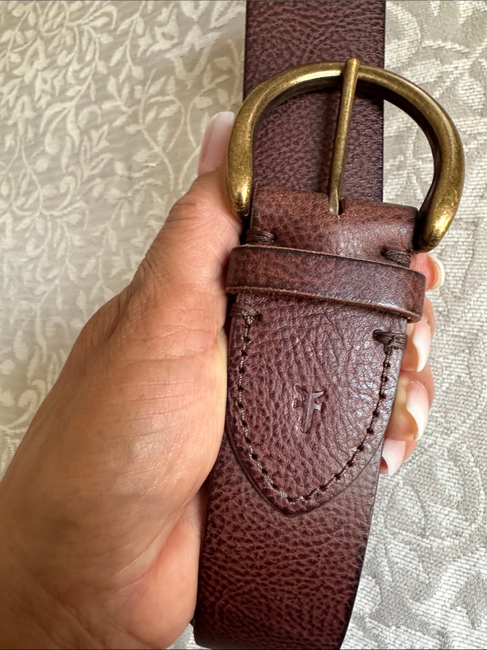 Frye Deep Brown Pebbled Leather Belt with Antique Brass Buckle Size M